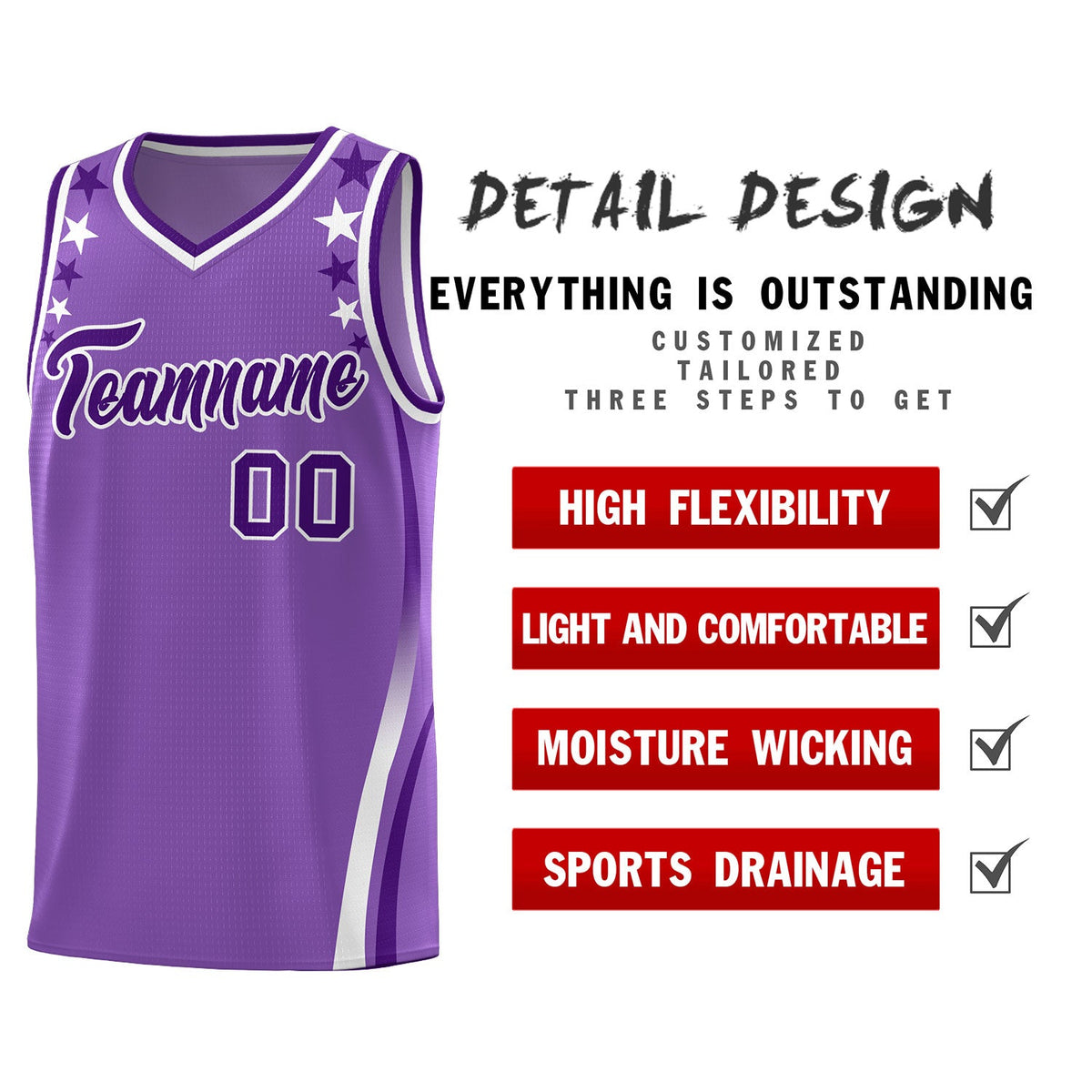 Custom Light Purple Shoulders Star Pattern Side Color Block Sports Uniform Basketball Kits