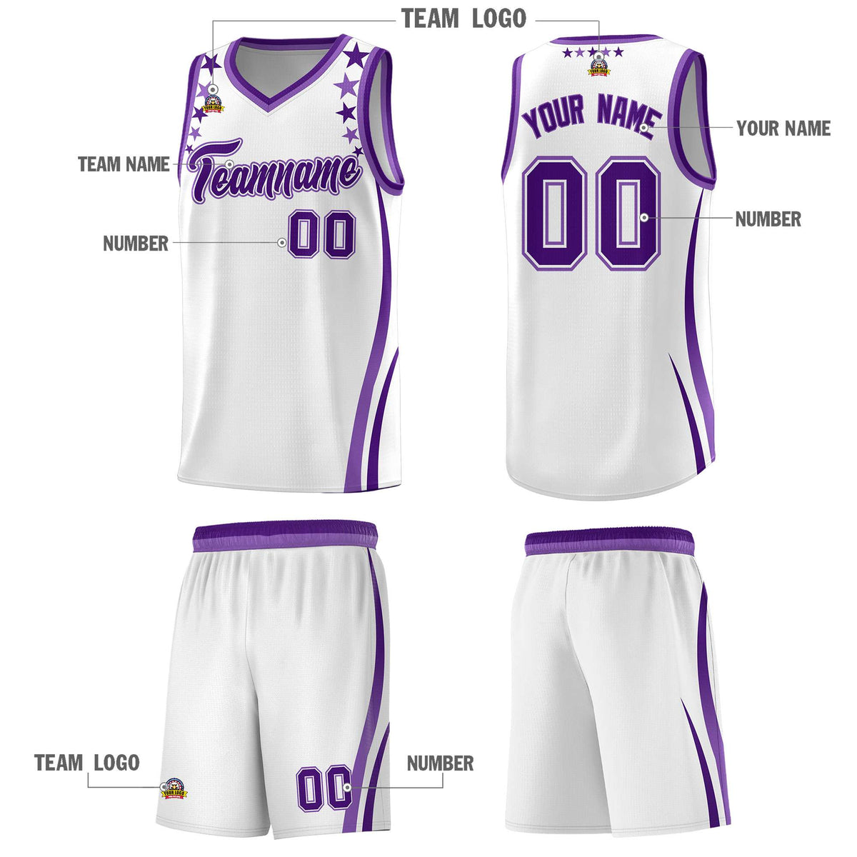 Custom White Shoulders Star Pattern Side Color Block Sports Uniform Basketball Kits