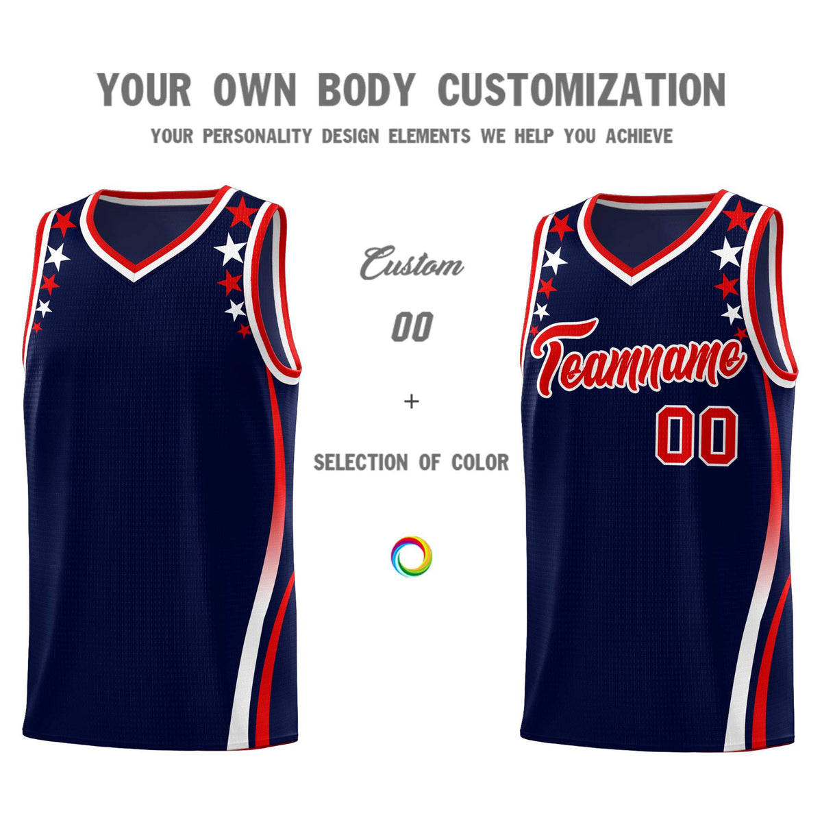 Custom Navy Shoulders Star Pattern Side Color Block Sports Uniform Basketball Kits