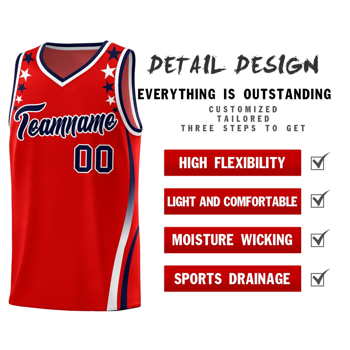 Custom Red Shoulders Star Pattern Side Color Block Sports Uniform Basketball Kits