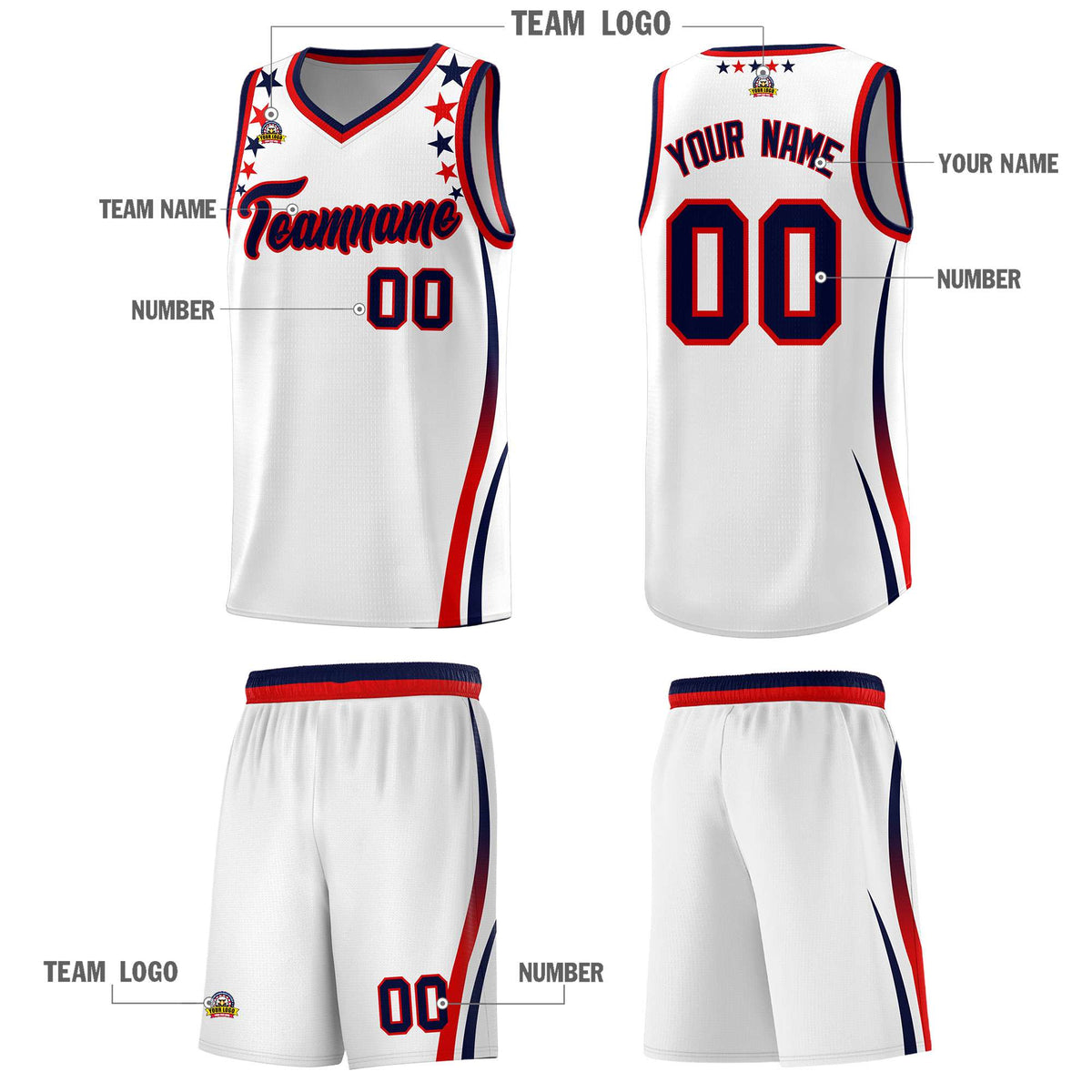 Custom White Shoulders Star Pattern Side Color Block Sports Uniform Basketball Kits