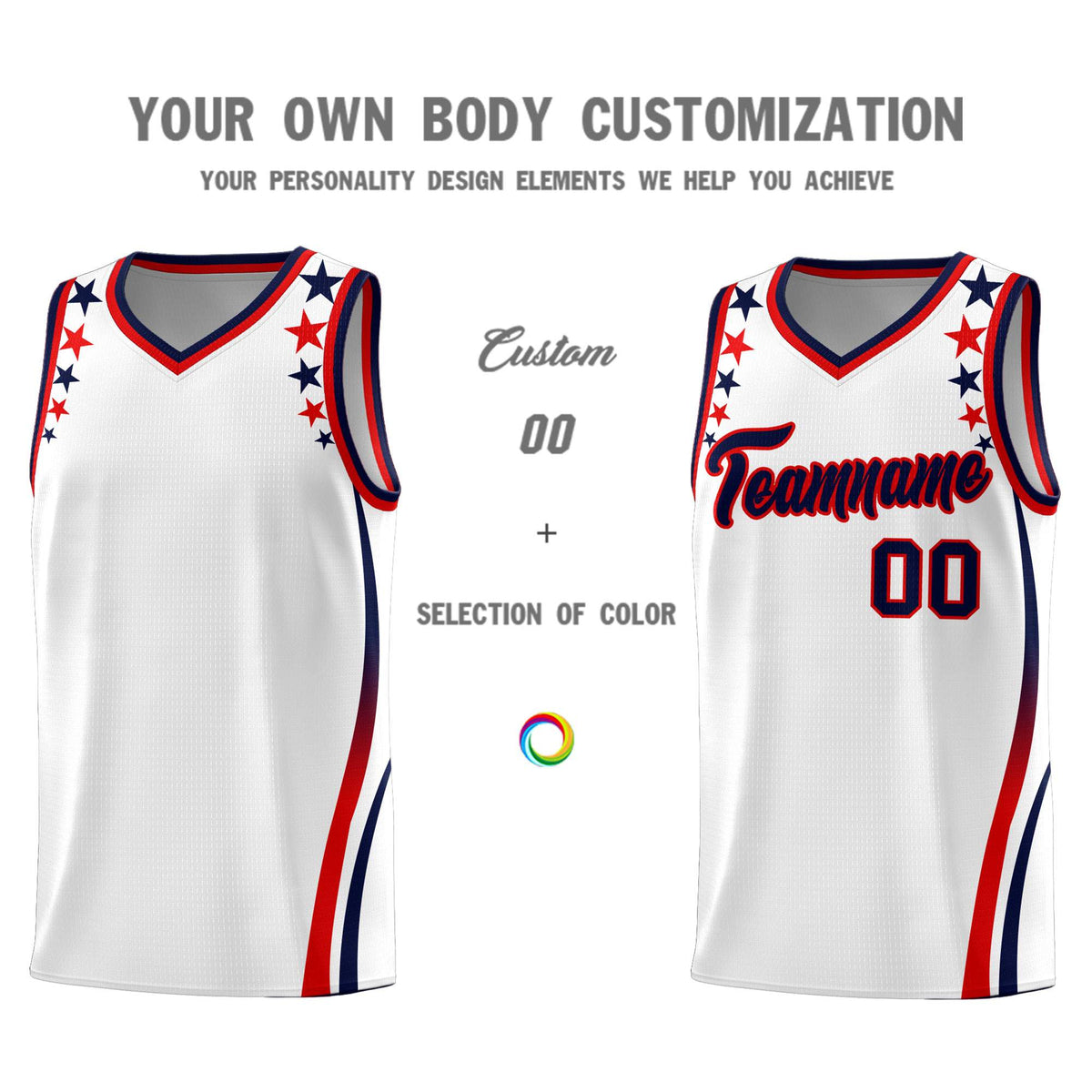 Custom White Shoulders Star Pattern Side Color Block Sports Uniform Basketball Kits