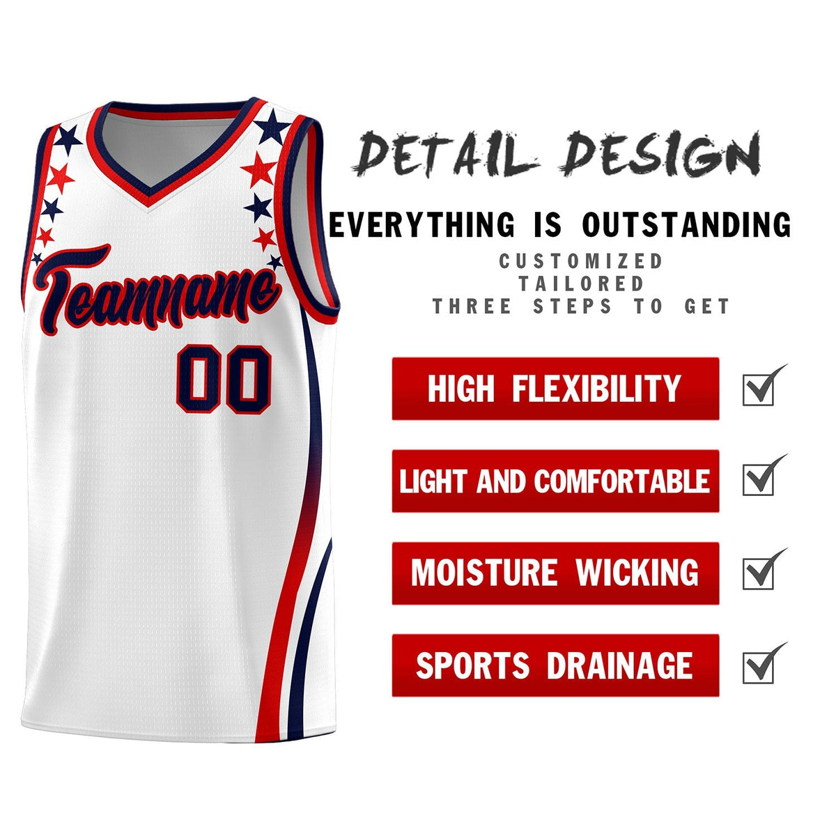 Custom White Shoulders Star Pattern Side Color Block Sports Uniform Basketball Kits