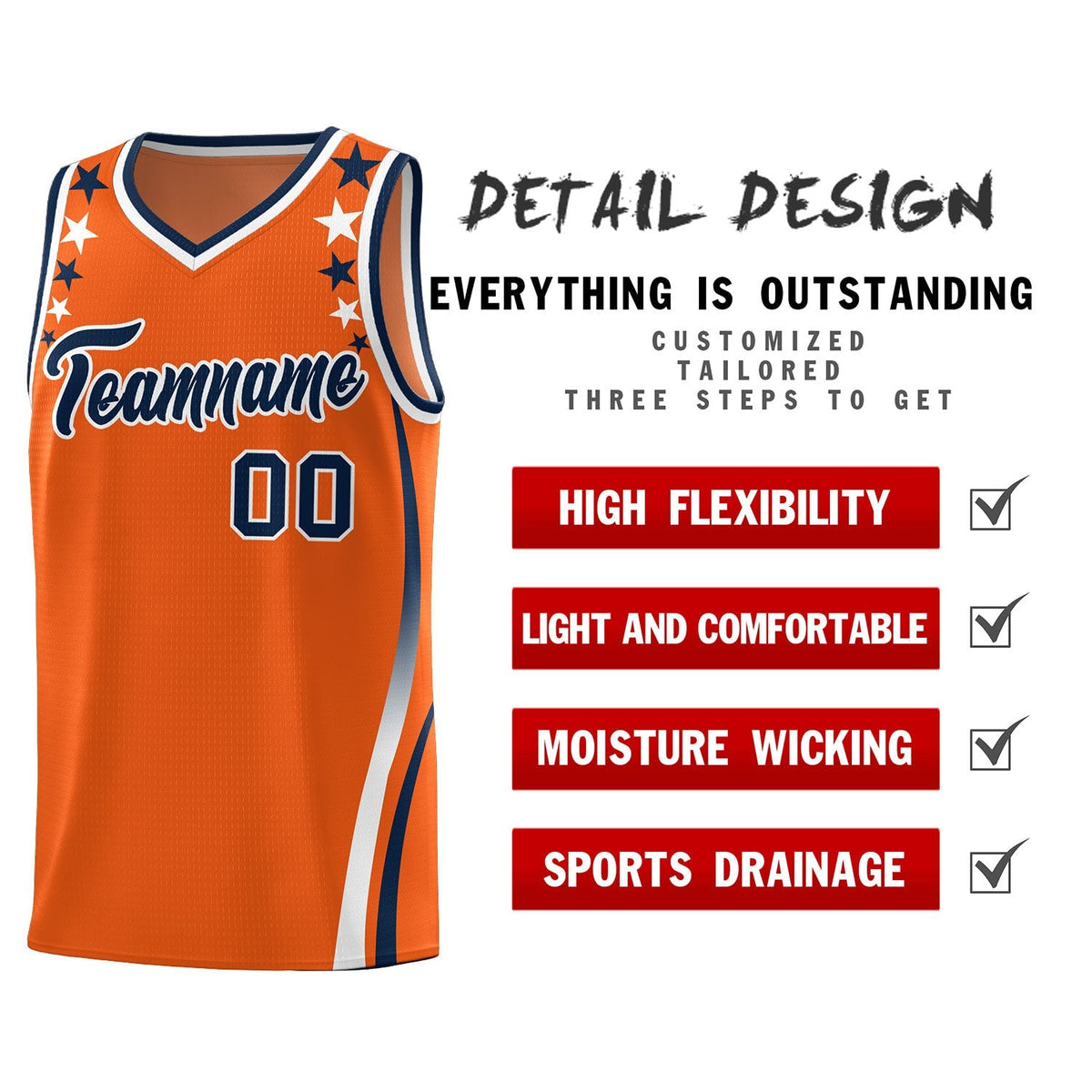 Custom Orange Shoulders Star Pattern Side Color Block Sports Uniform Basketball Kits