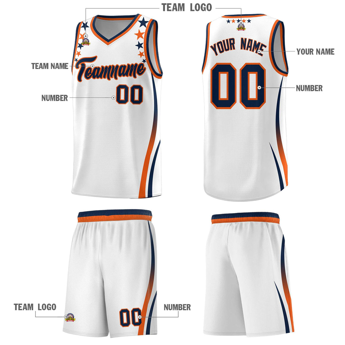 Custom White Shoulders Star Pattern Side Color Block Sports Uniform Basketball Kits