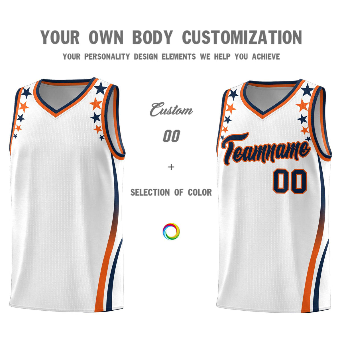 Custom White Shoulders Star Pattern Side Color Block Sports Uniform Basketball Kits