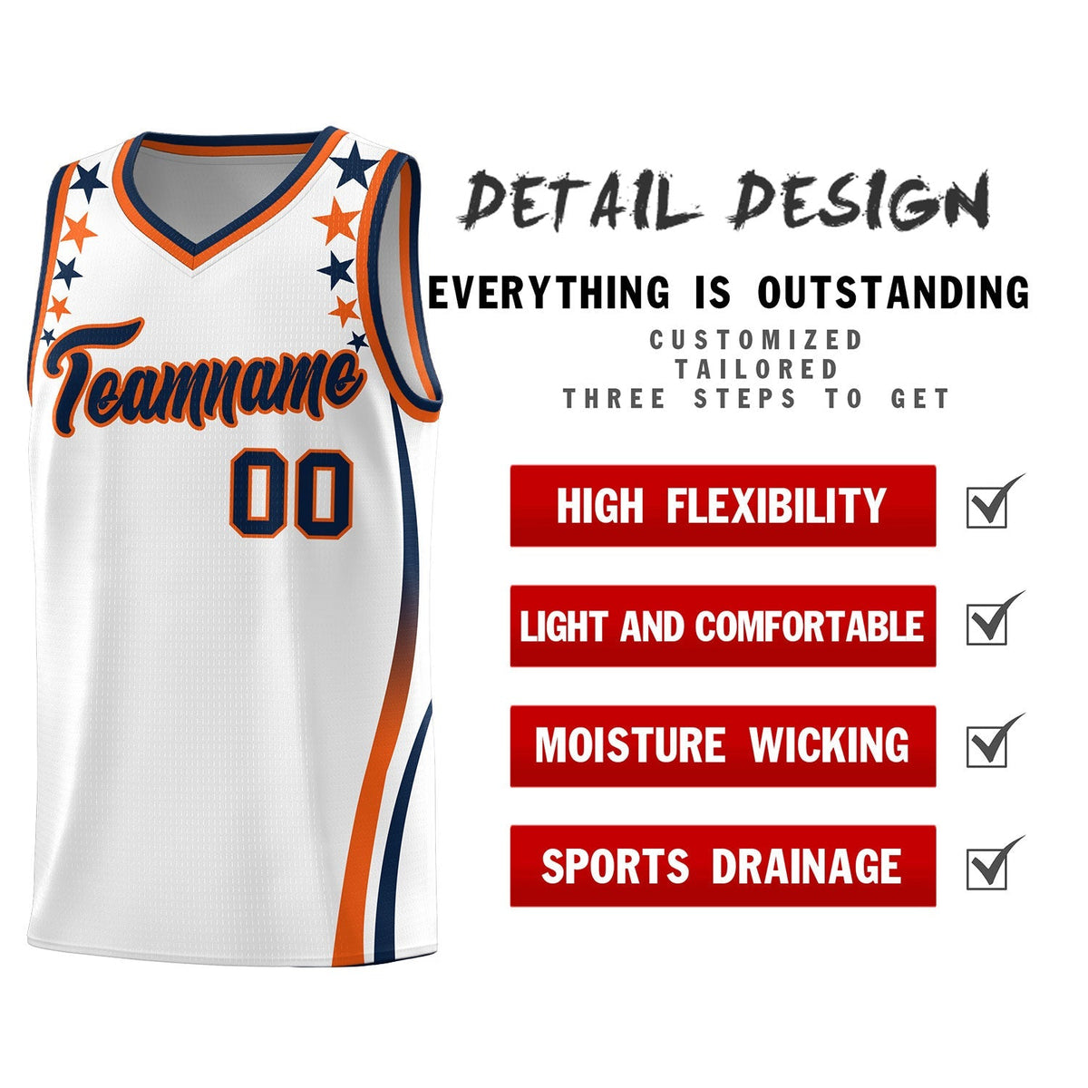Custom White Shoulders Star Pattern Side Color Block Sports Uniform Basketball Kits