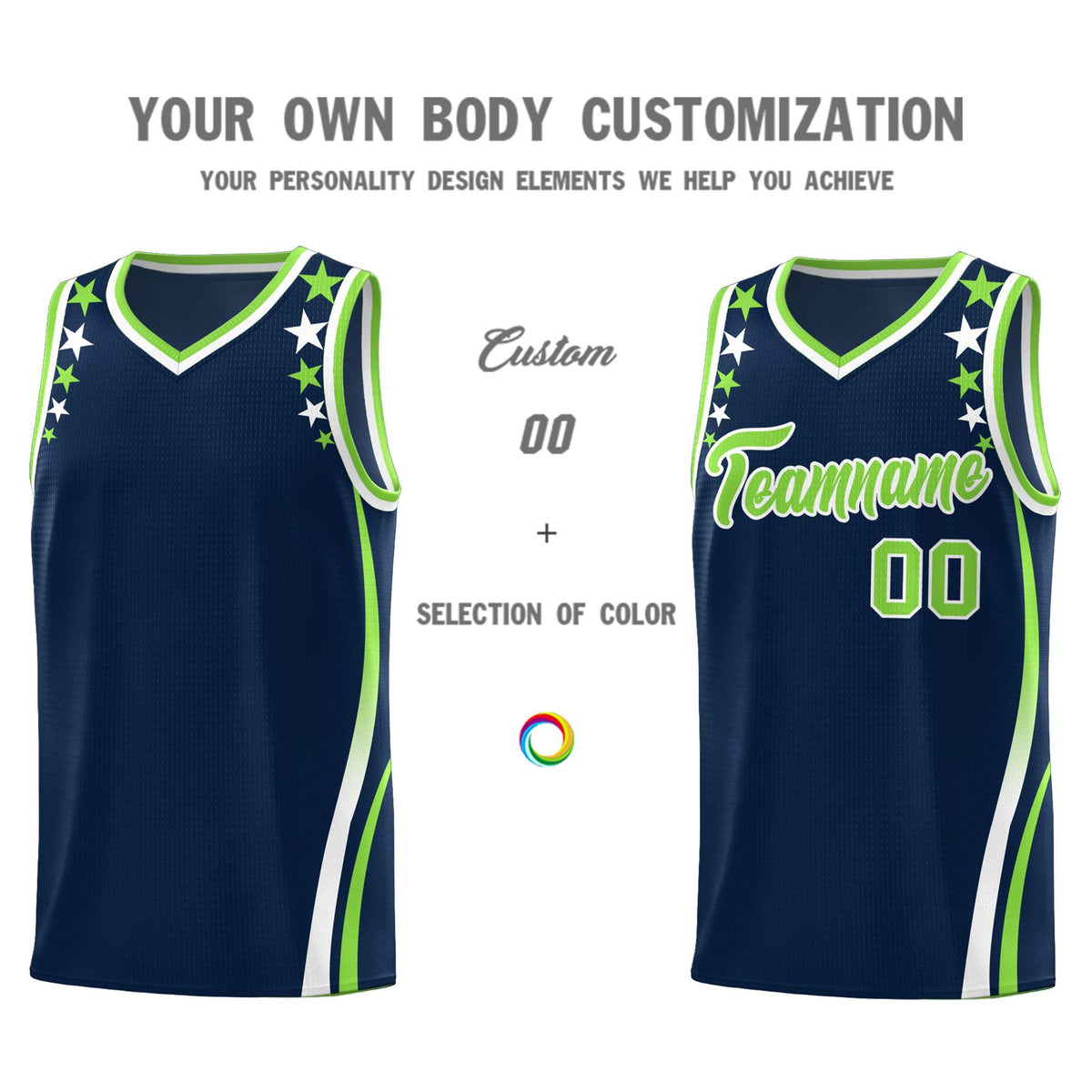 Custom Navy Shoulders Star Pattern Side Color Block Sports Uniform Basketball Kits