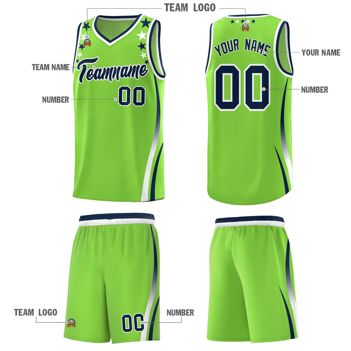 Custom Neon Green Shoulders Star Pattern Side Color Block Sports Uniform Basketball Kits