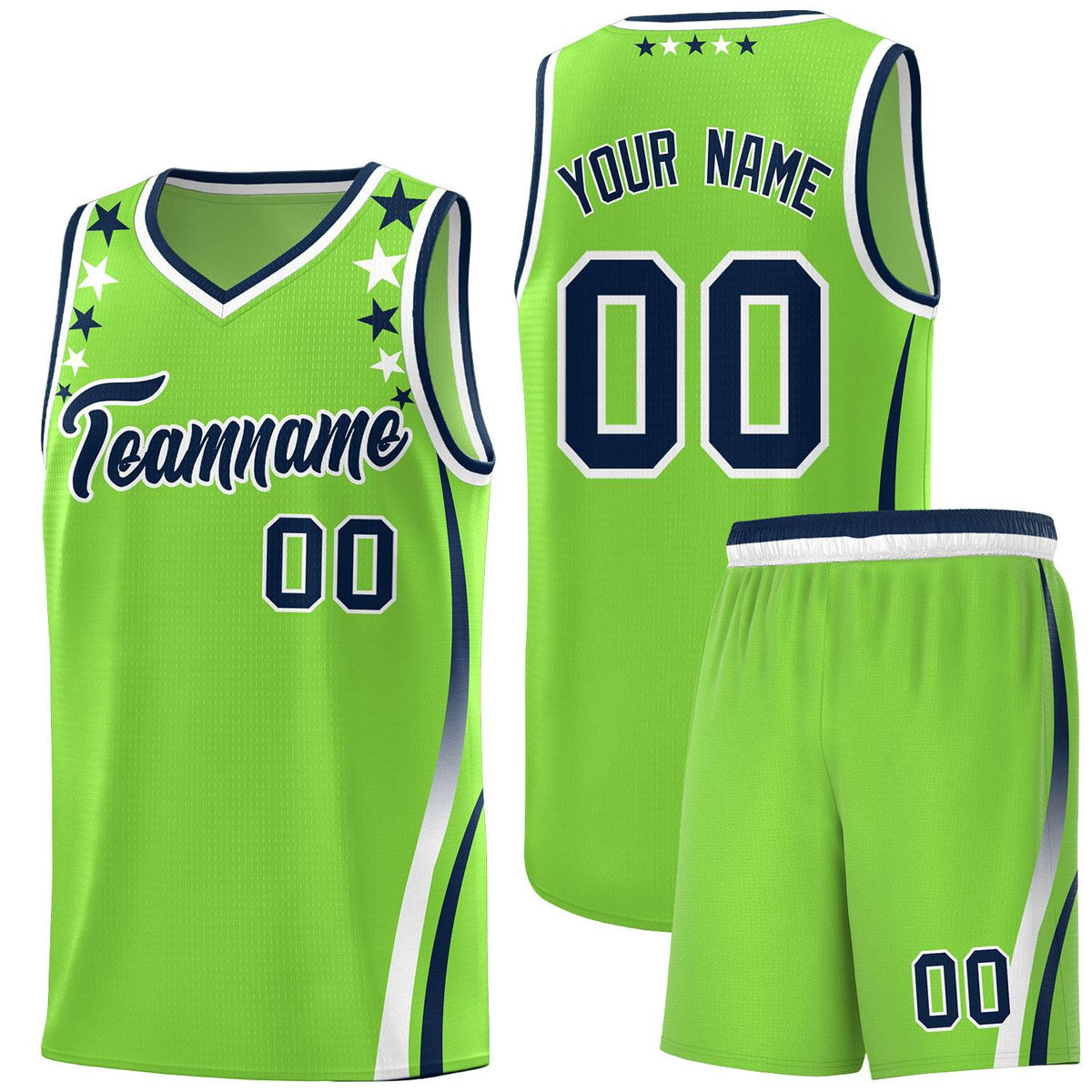 Custom Neon Green Shoulders Star Pattern Side Color Block Sports Uniform Basketball Kits