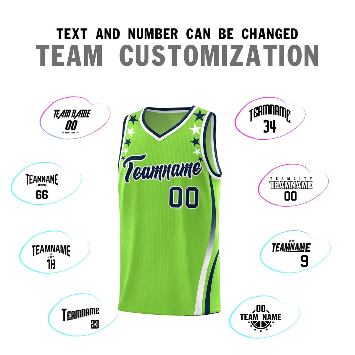 Custom Neon Green Shoulders Star Pattern Side Color Block Sports Uniform Basketball Kits