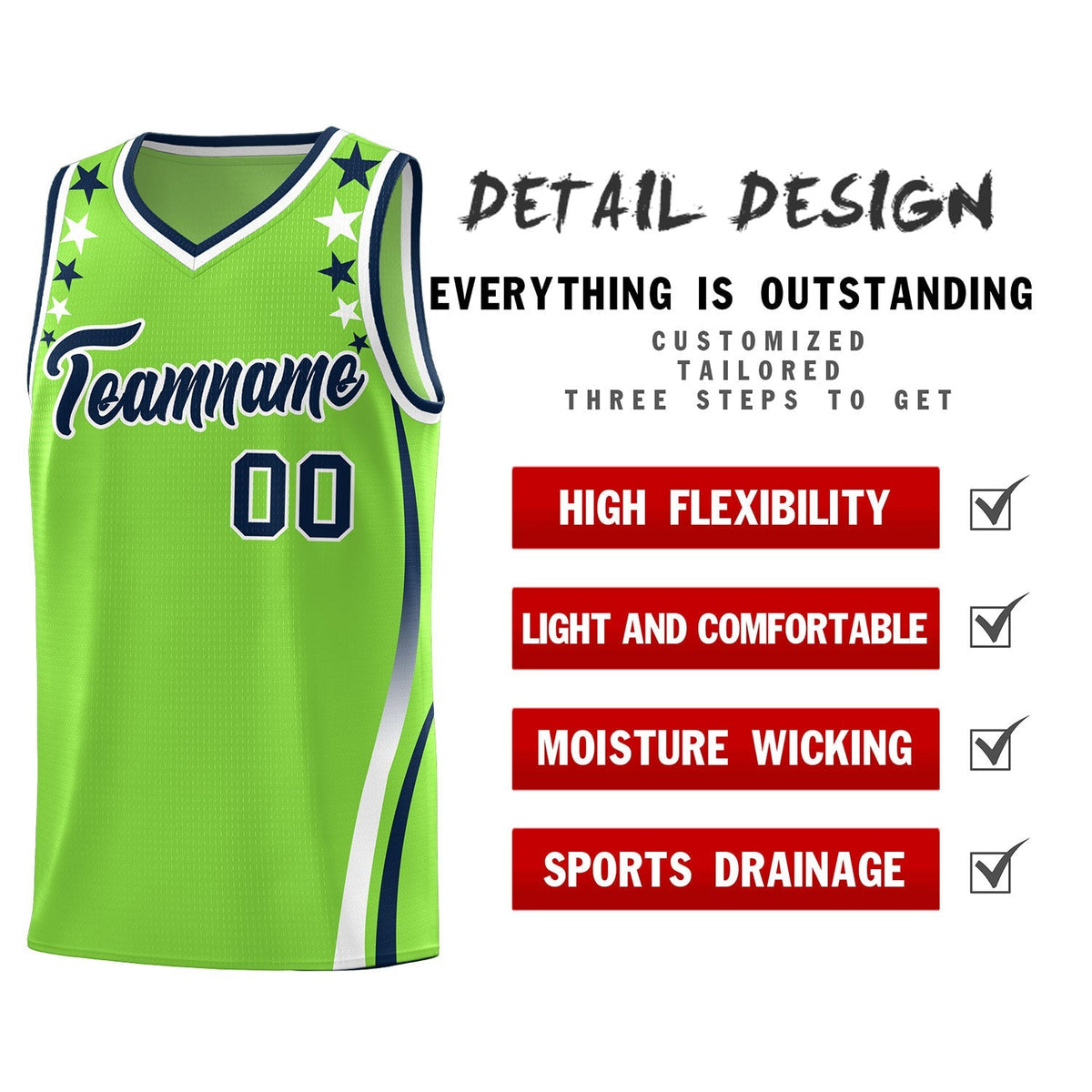 Custom Neon Green Shoulders Star Pattern Side Color Block Sports Uniform Basketball Kits