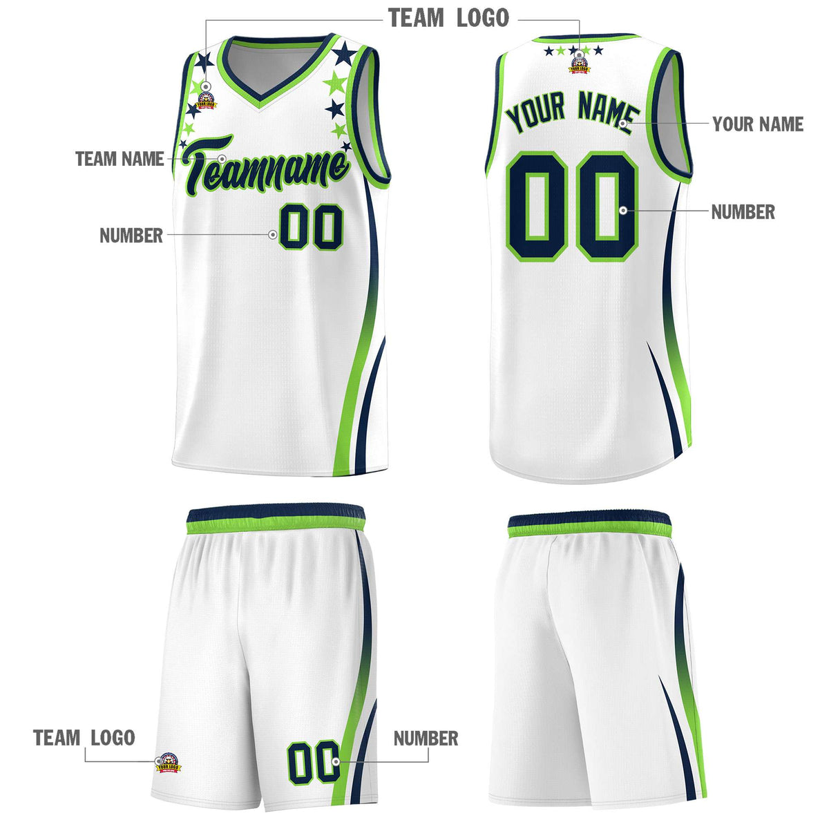 Custom White Shoulders Star Pattern Side Color Block Sports Uniform Basketball Kits
