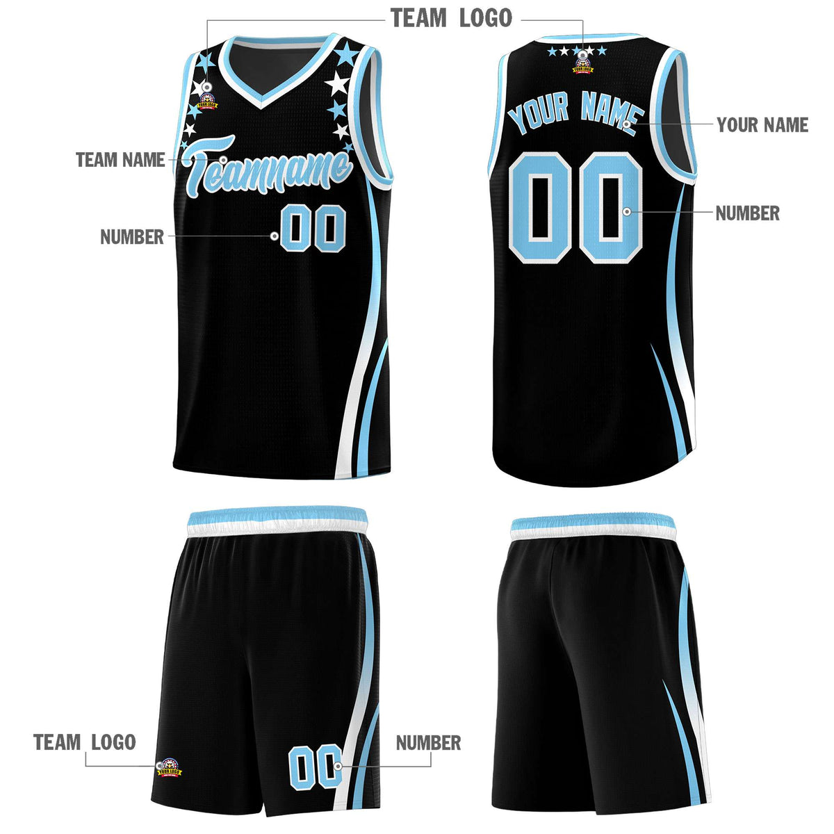 Custom Black Shoulders Star Pattern Side Color Block Sports Uniform Basketball Kits