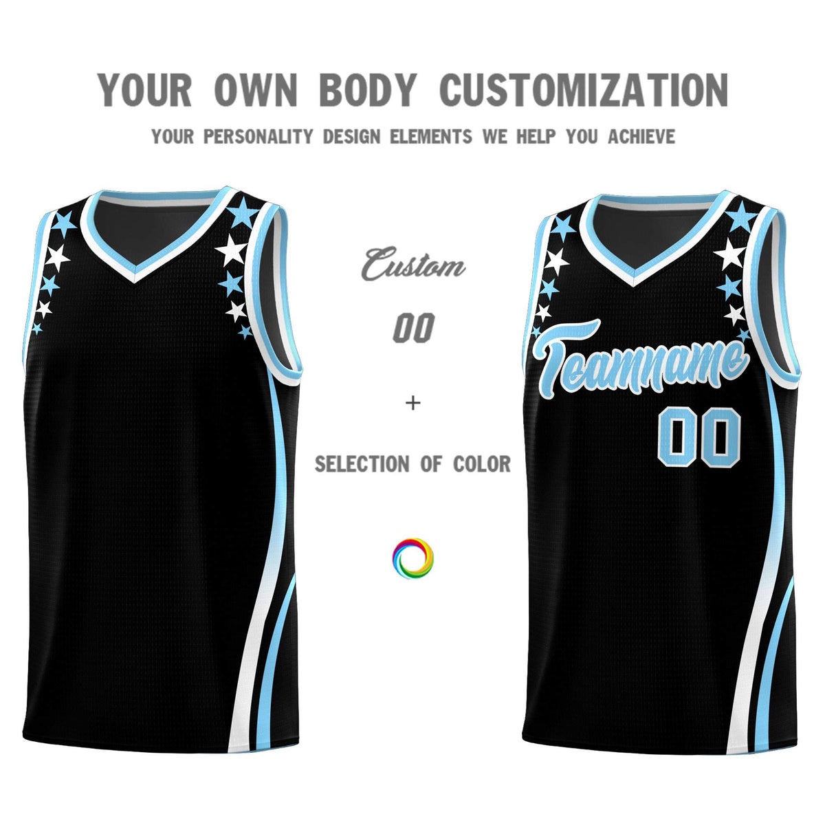 Custom Black Shoulders Star Pattern Side Color Block Sports Uniform Basketball Kits