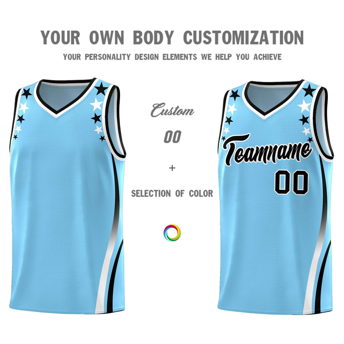 Custom Light Blue Shoulders Star Pattern Side Color Block Sports Uniform Basketball Kits