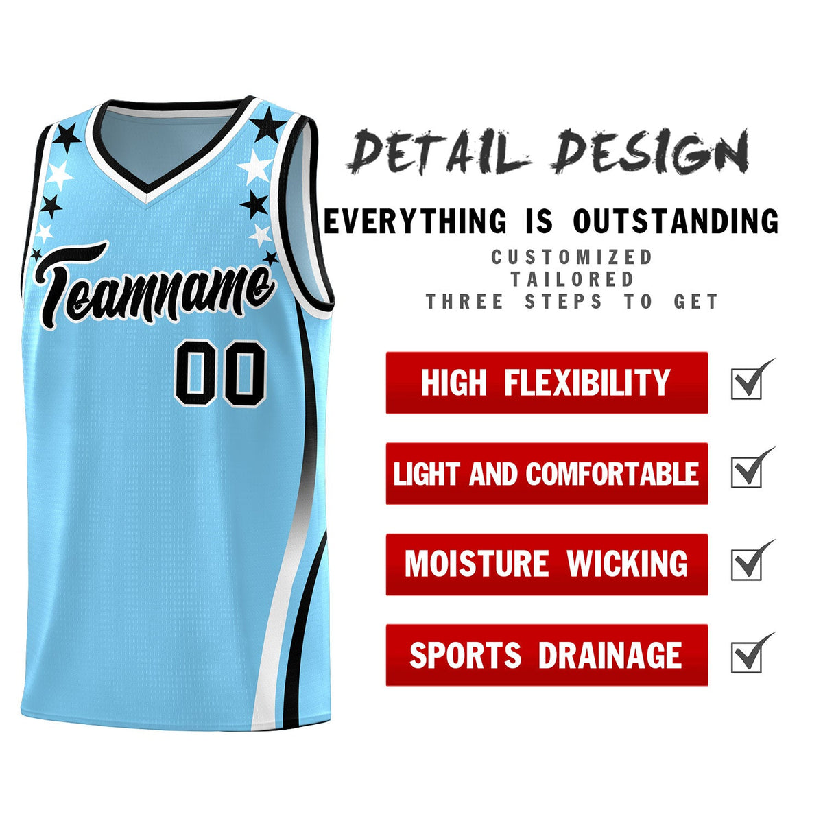 Custom Light Blue Shoulders Star Pattern Side Color Block Sports Uniform Basketball Kits
