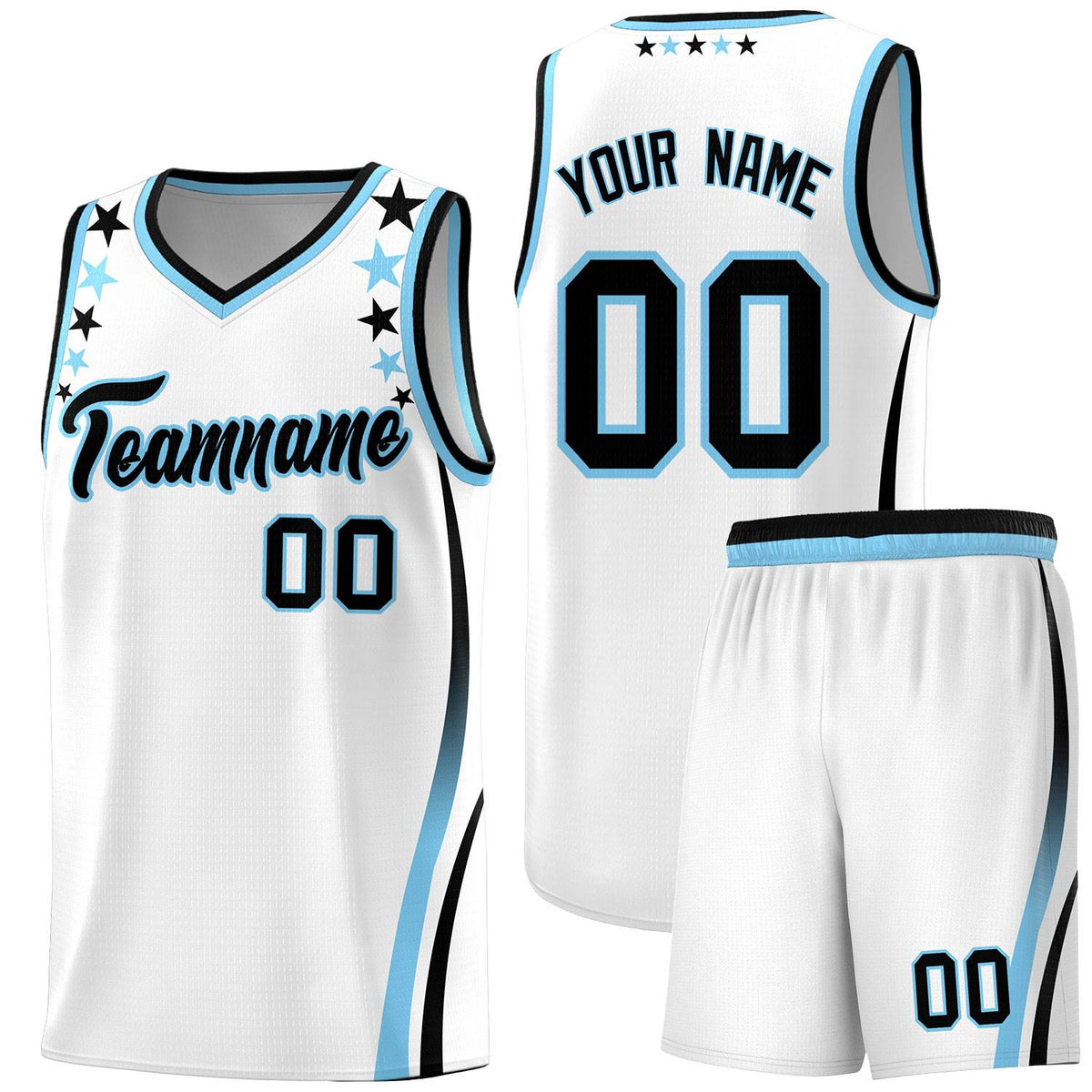 Custom White Shoulders Star Pattern Side Color Block Sports Uniform Basketball Kits