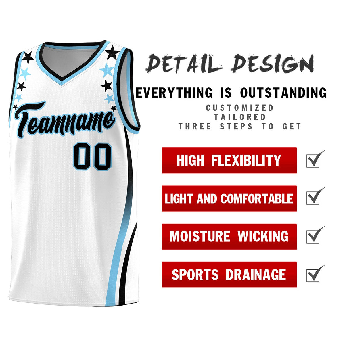 Custom White Shoulders Star Pattern Side Color Block Sports Uniform Basketball Kits