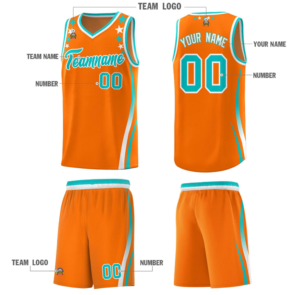 Custom Orange Shoulders Star Pattern Side Color Block Sports Uniform Basketball Kits