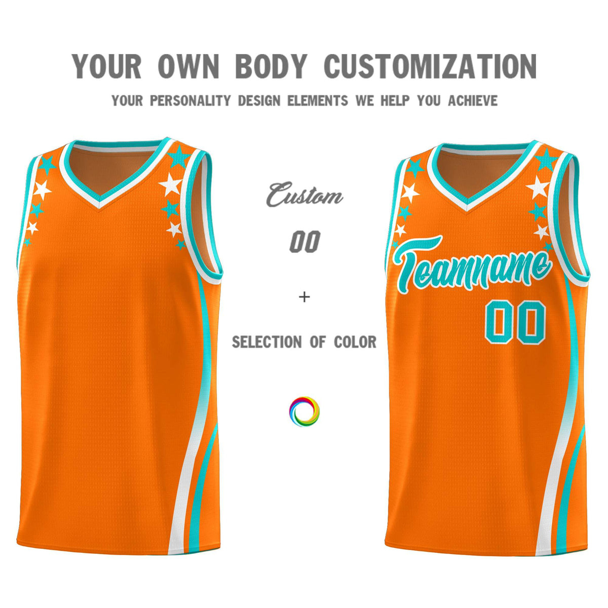 Custom Orange Shoulders Star Pattern Side Color Block Sports Uniform Basketball Kits