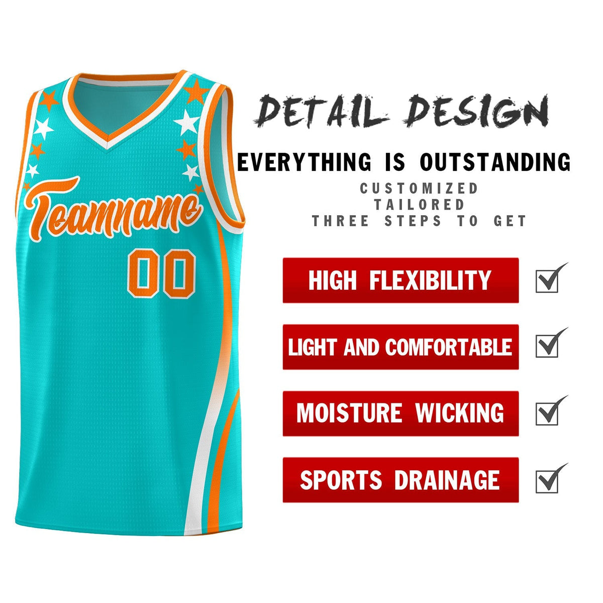 Custom Sky Blue Shoulders Star Pattern Side Color Block Sports Uniform Basketball Kits