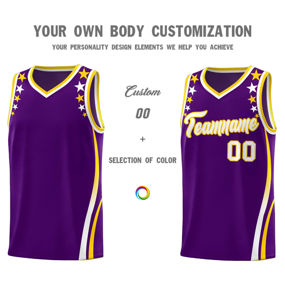 Custom Purple Shoulders Star Pattern Side Color Block Sports Uniform Basketball Kits