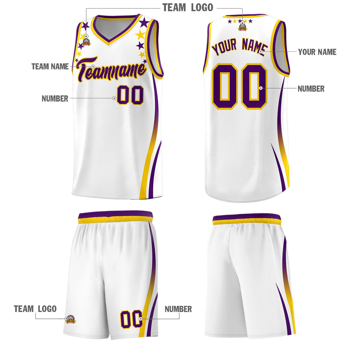 Custom White Shoulders Star Pattern Side Color Block Sports Uniform Basketball Kits