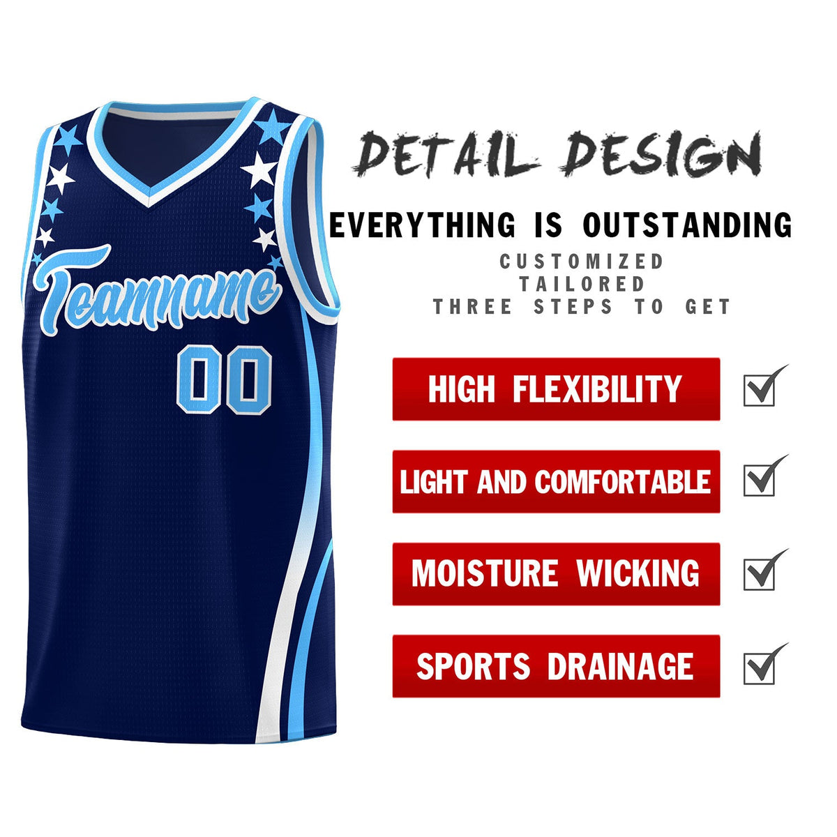 Custom Navy Shoulders Star Pattern Side Color Block Sports Uniform Basketball Kits