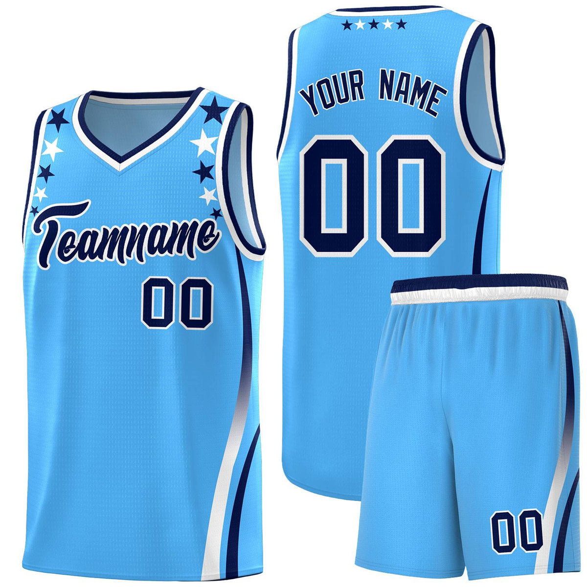 Custom Light Blue Shoulders Star Pattern Side Color Block Sports Uniform Basketball Kits