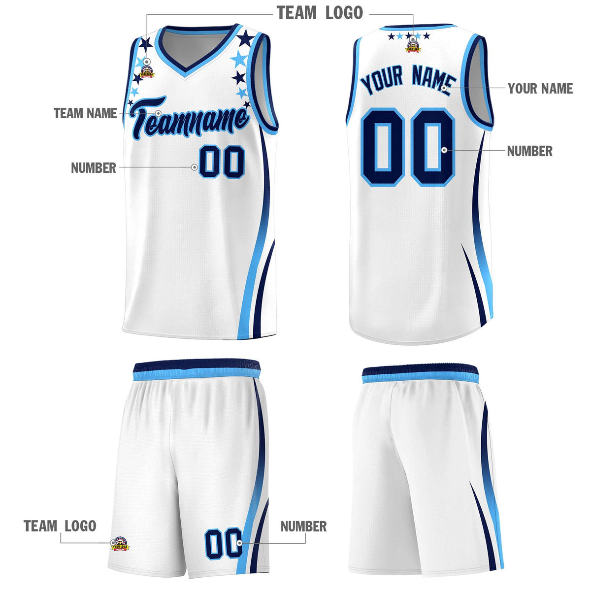 Custom White Shoulders Star Pattern Side Color Block Sports Uniform Basketball Kits