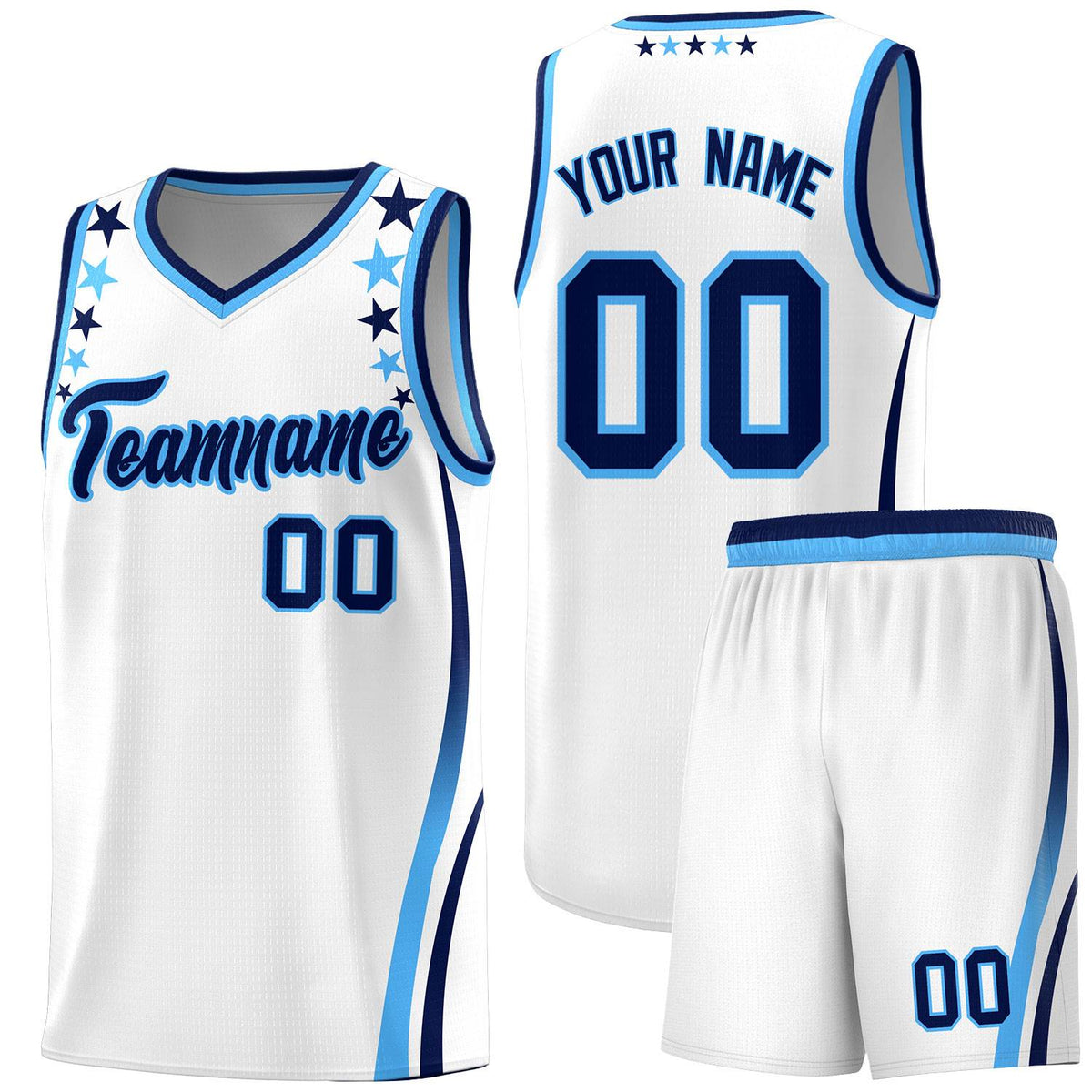 Custom White Shoulders Star Pattern Side Color Block Sports Uniform Basketball Kits