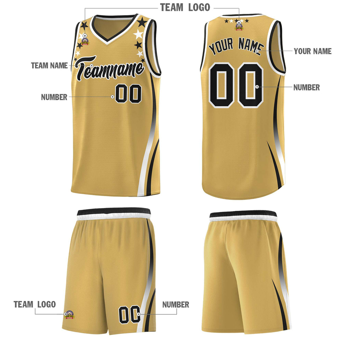 Custom Old Gold Shoulders Star Pattern Side Color Block Sports Uniform Basketball Kits