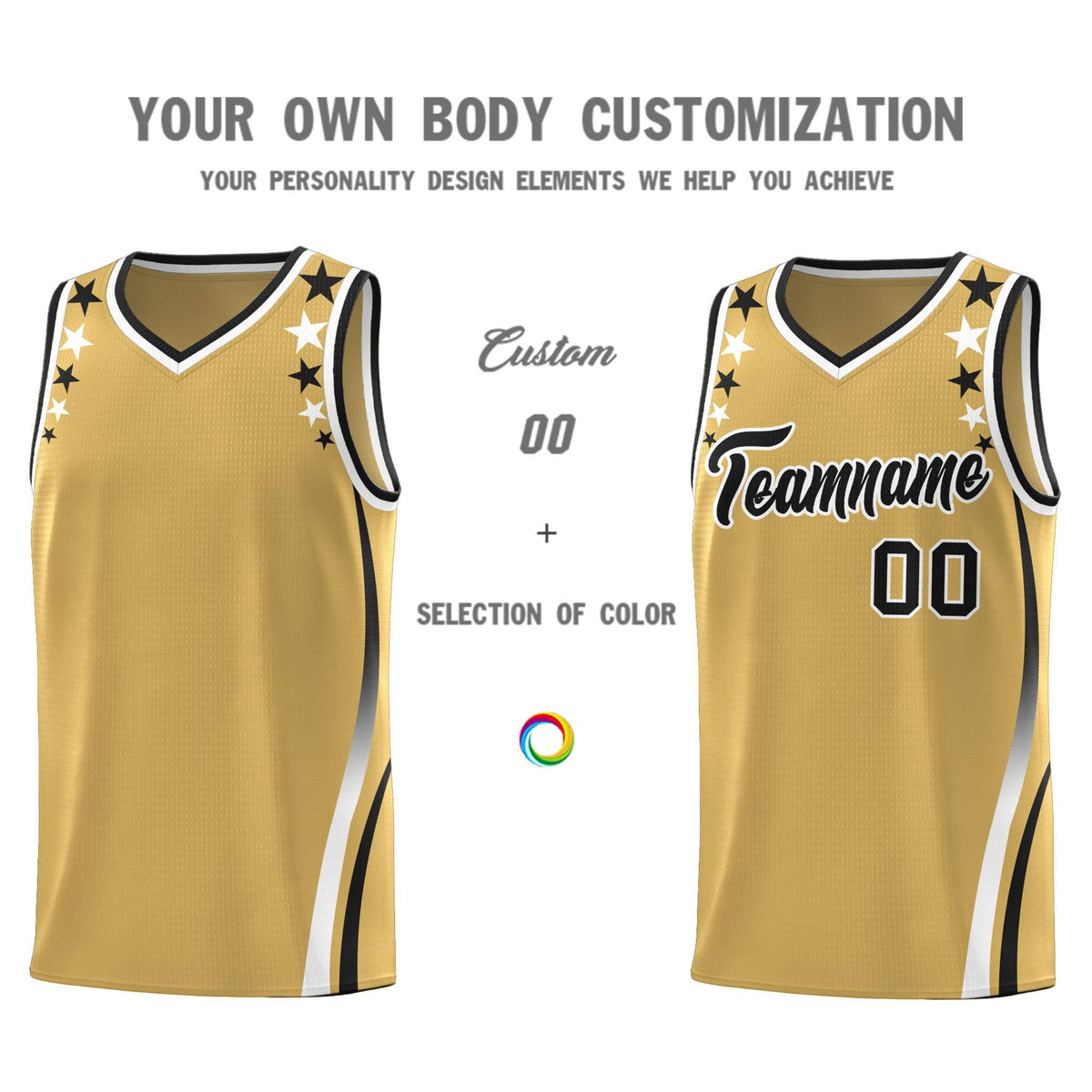 Custom Old Gold Shoulders Star Pattern Side Color Block Sports Uniform Basketball Kits