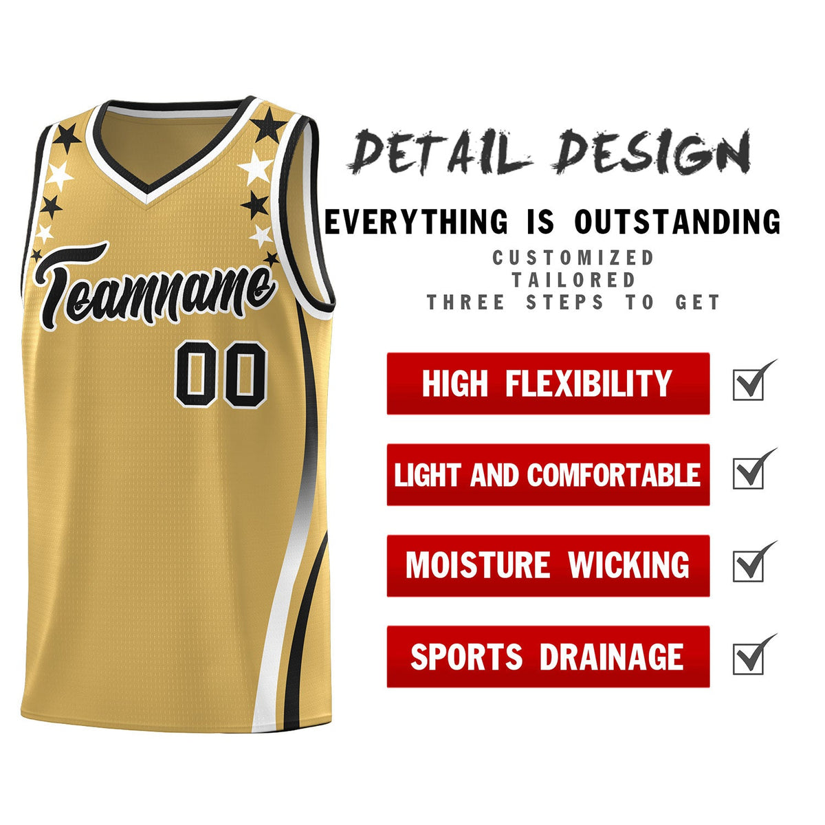 Custom Old Gold Shoulders Star Pattern Side Color Block Sports Uniform Basketball Kits