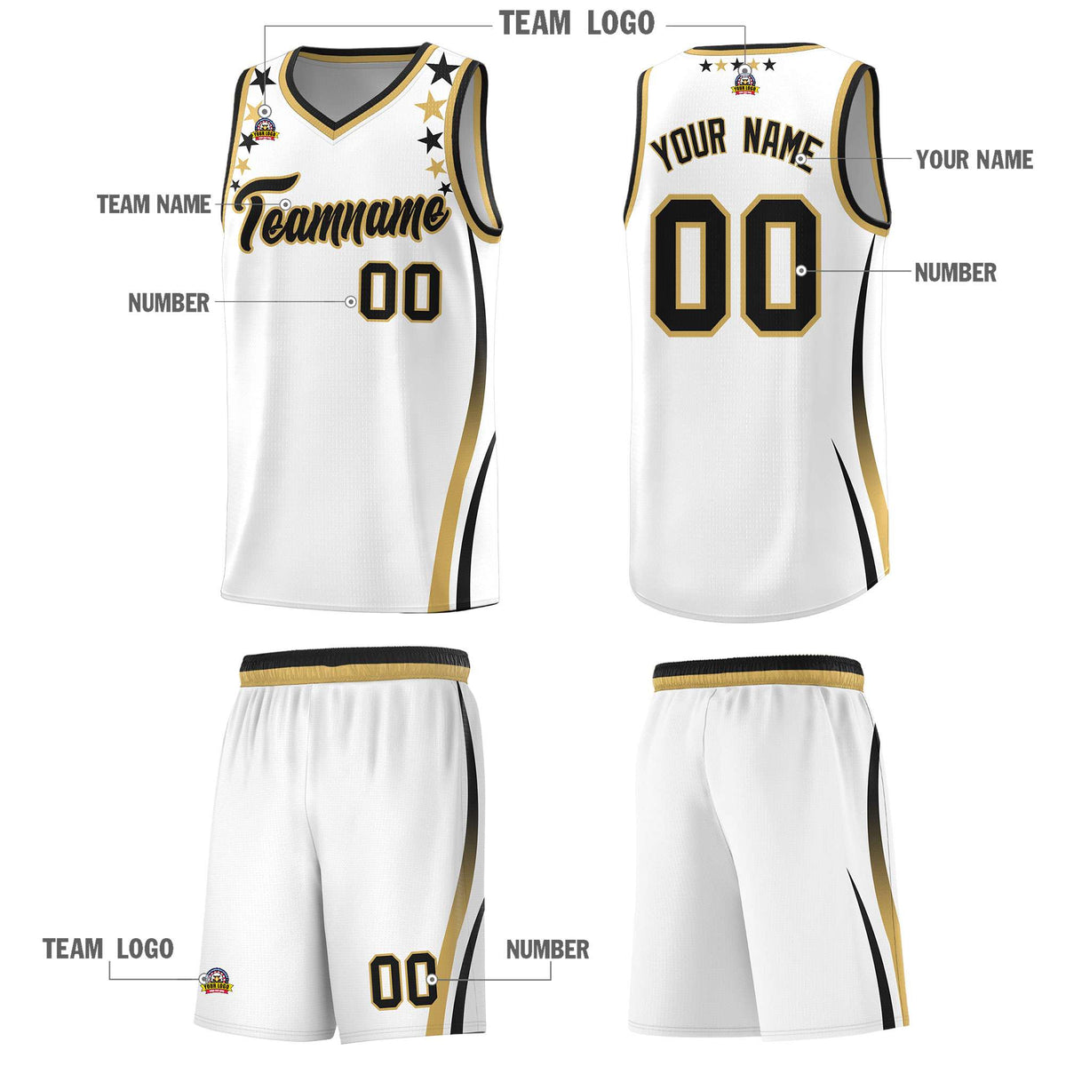 Custom White Shoulders Star Pattern Side Color Block Sports Uniform Basketball Kits
