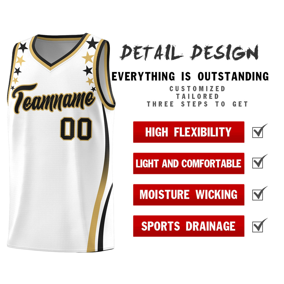 Custom White Shoulders Star Pattern Side Color Block Sports Uniform Basketball Kits