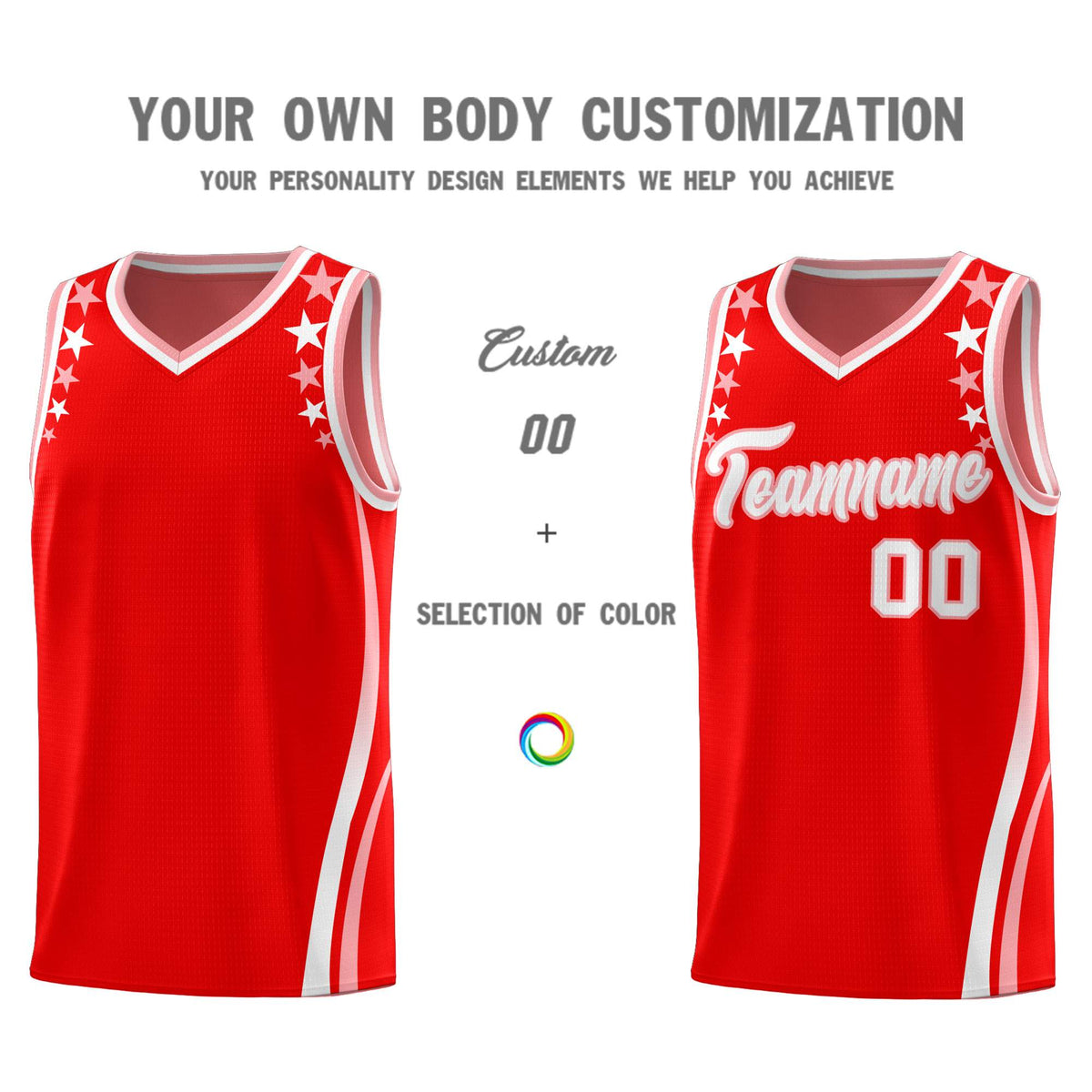 Custom Red Shoulders Star Pattern Side Color Block Sports Uniform Basketball Kits