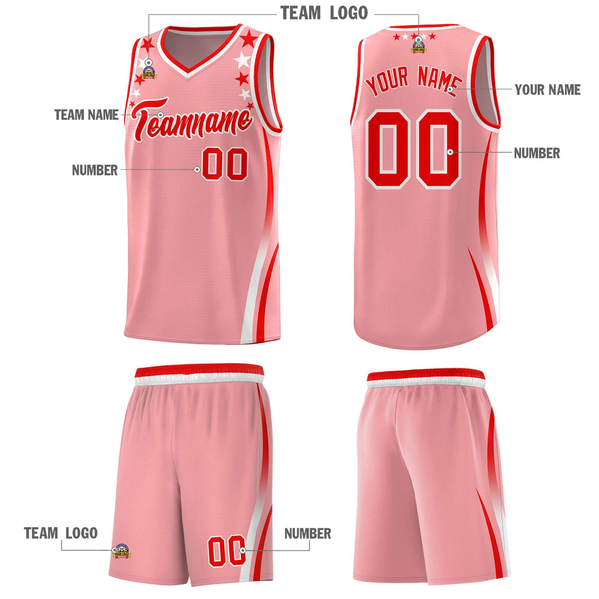 Custom Pink Shoulders Star Pattern Side Color Block Sports Uniform Basketball Kits