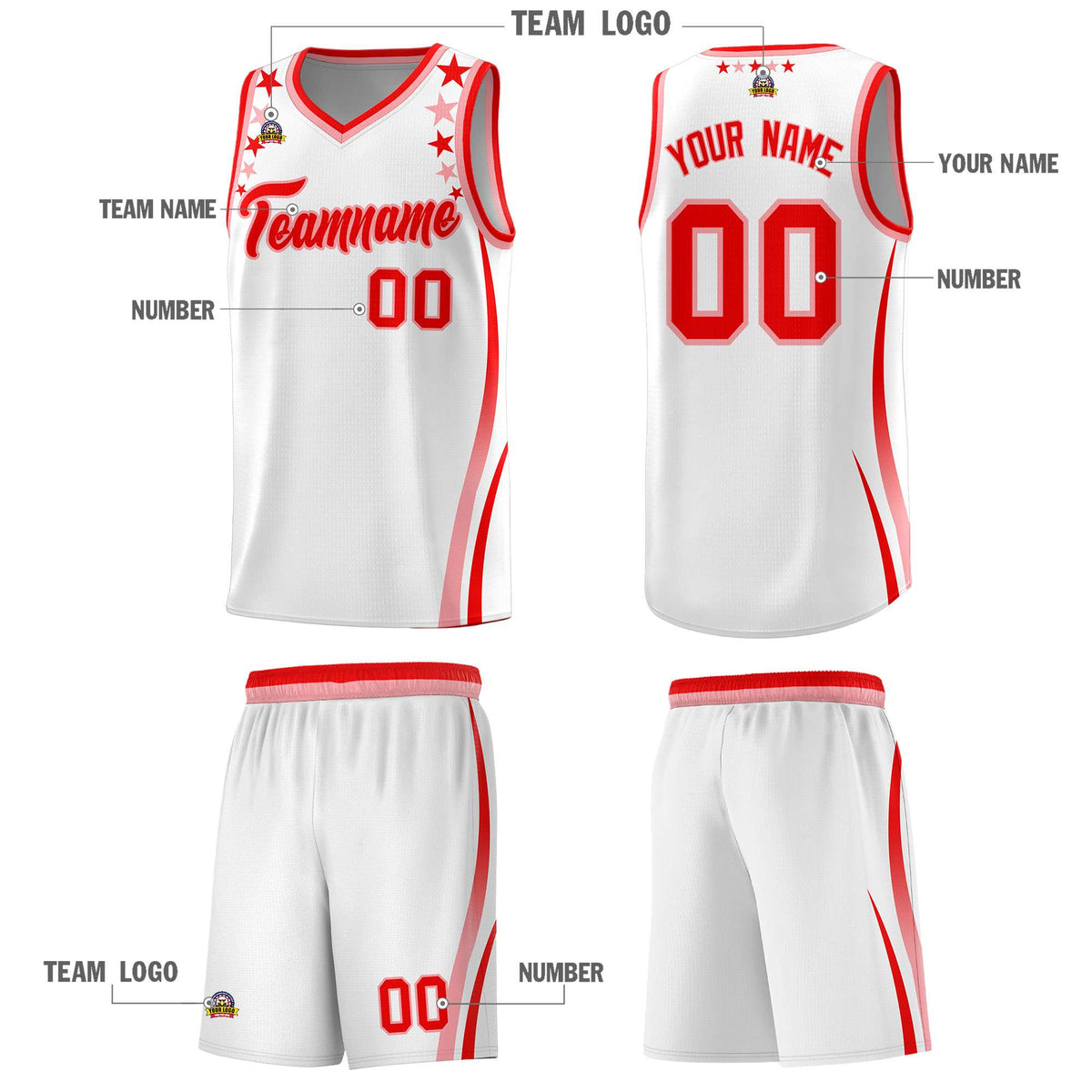 Custom White Shoulders Star Pattern Side Color Block Sports Uniform Basketball Kits