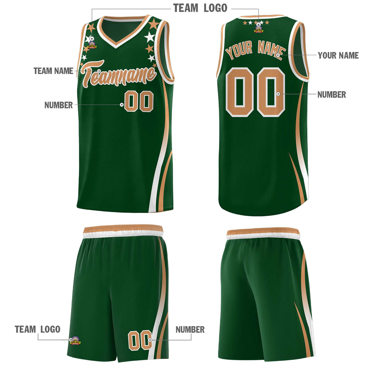 Custom Green Shoulders Star Pattern Side Color Block Sports Uniform Basketball Kits