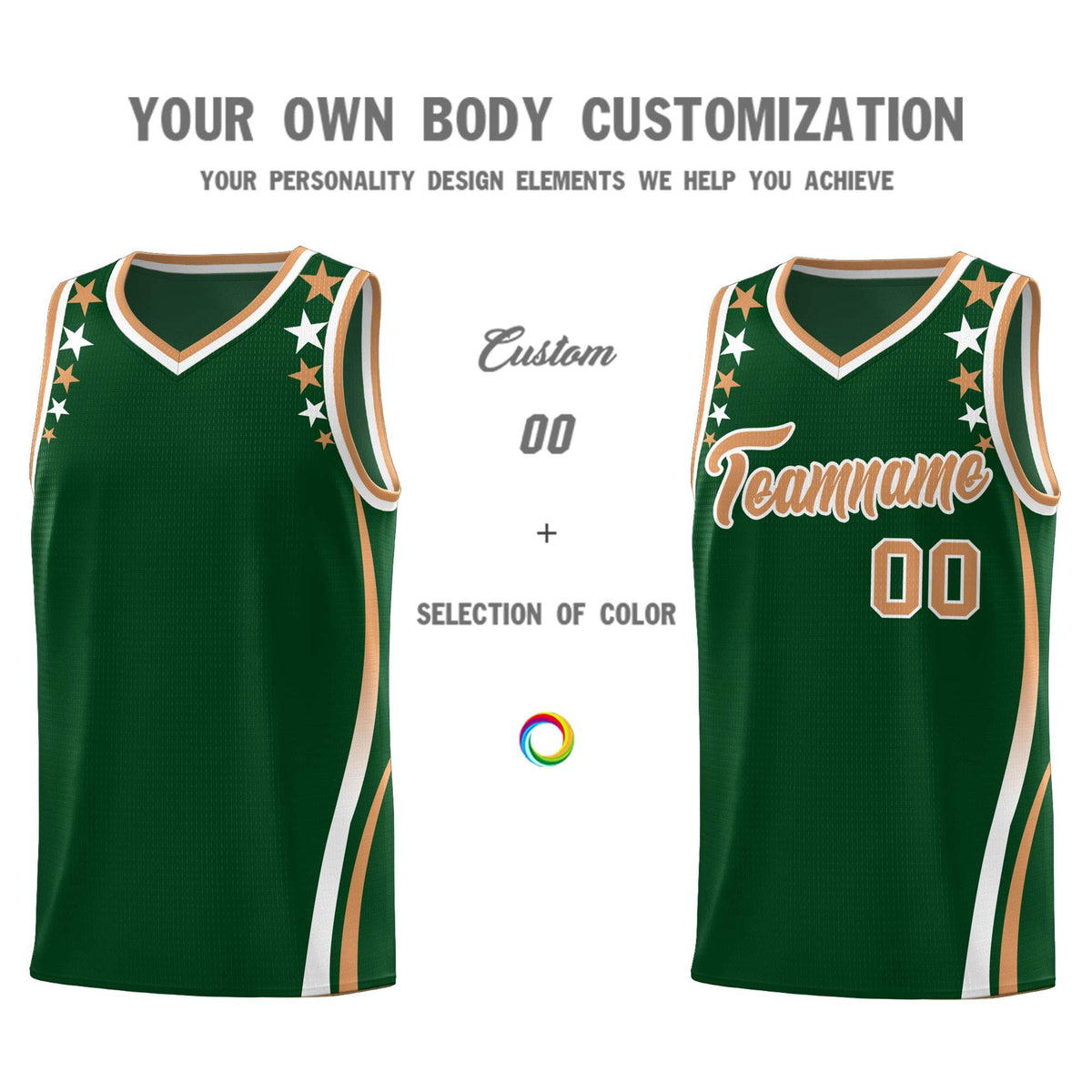 Custom Green Shoulders Star Pattern Side Color Block Sports Uniform Basketball Kits