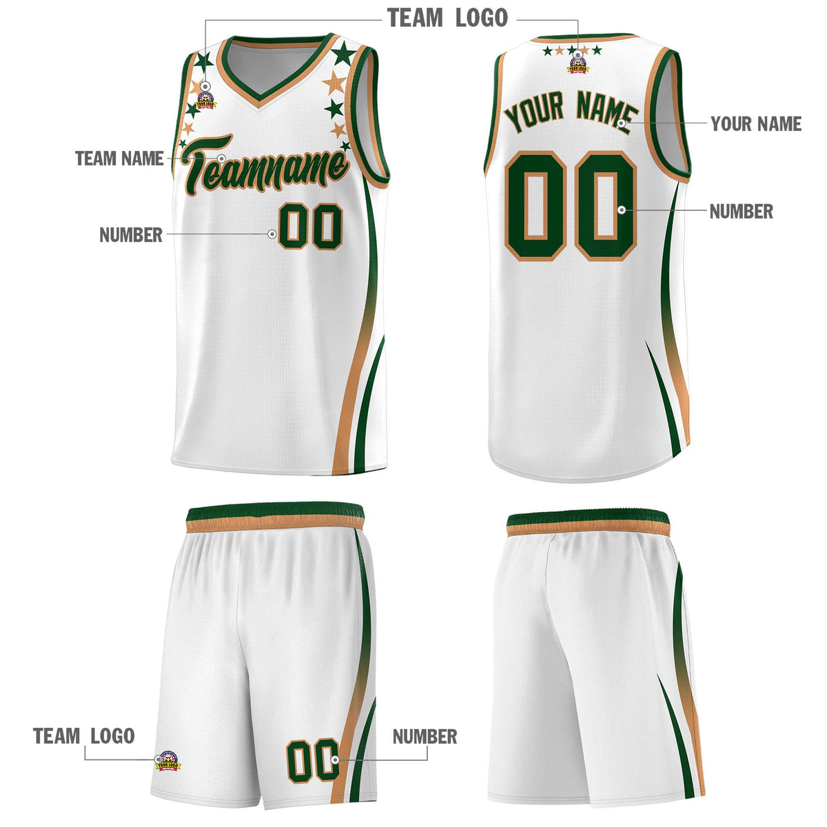 Custom White Shoulders Star Pattern Side Color Block Sports Uniform Basketball Kits