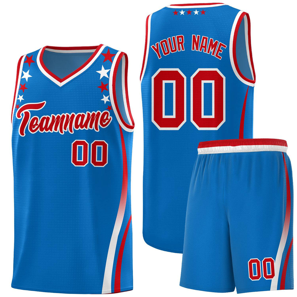 Custom Royal Shoulders Star Pattern Side Color Block Sports Uniform Basketball Kits