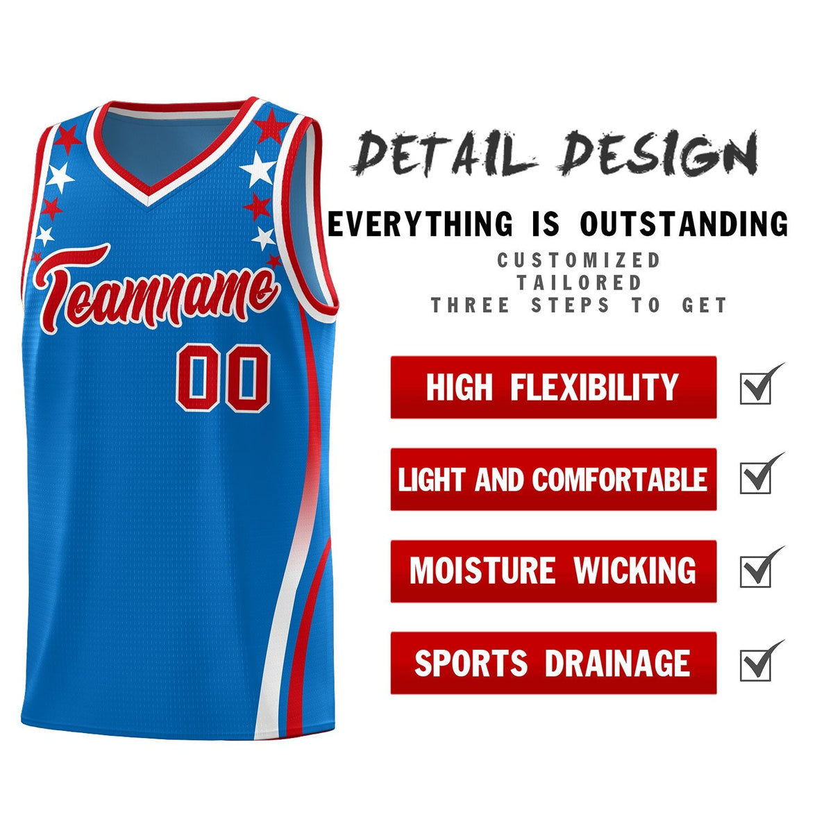 Custom Royal Shoulders Star Pattern Side Color Block Sports Uniform Basketball Kits