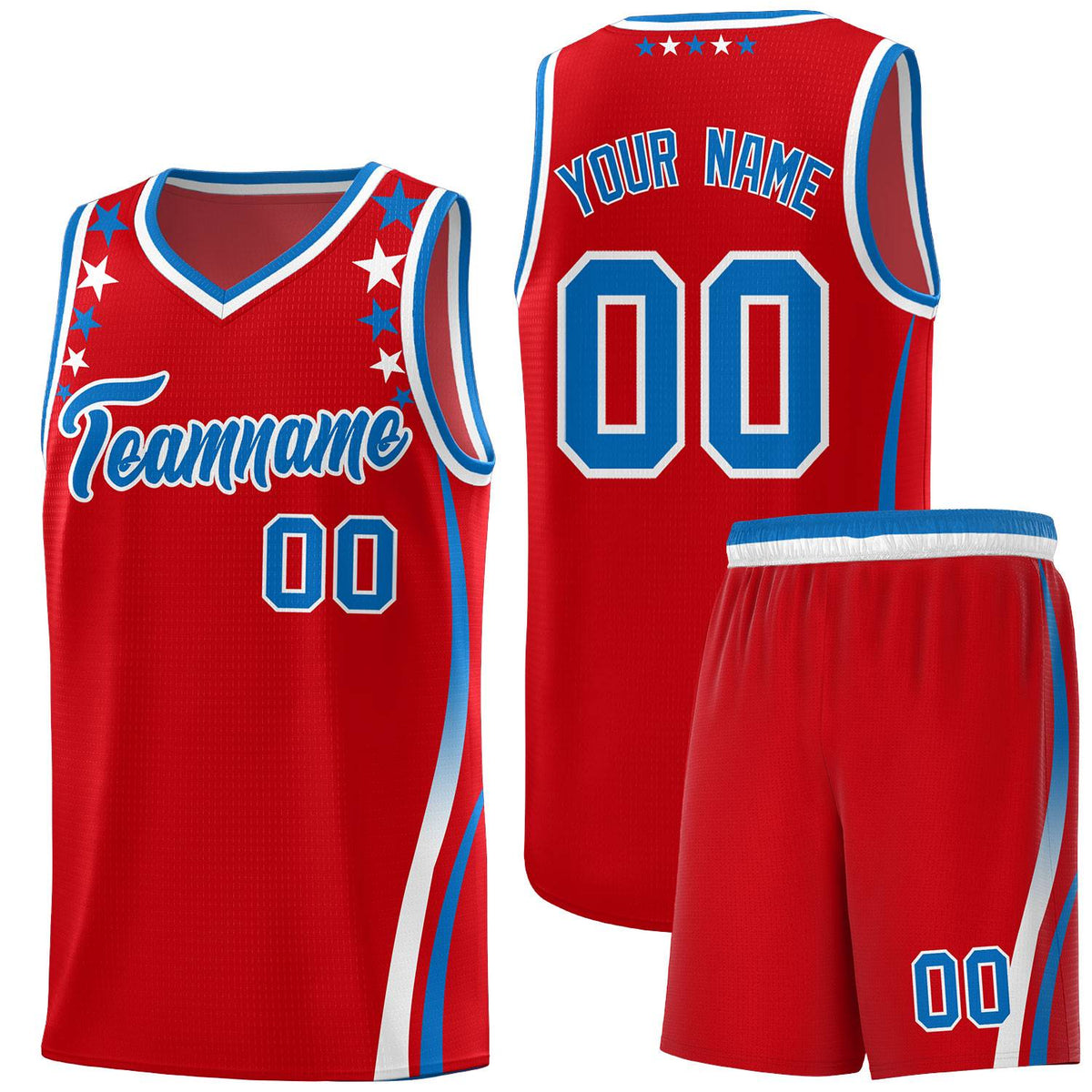 Custom Red Shoulders Star Pattern Side Color Block Sports Uniform Basketball Kits