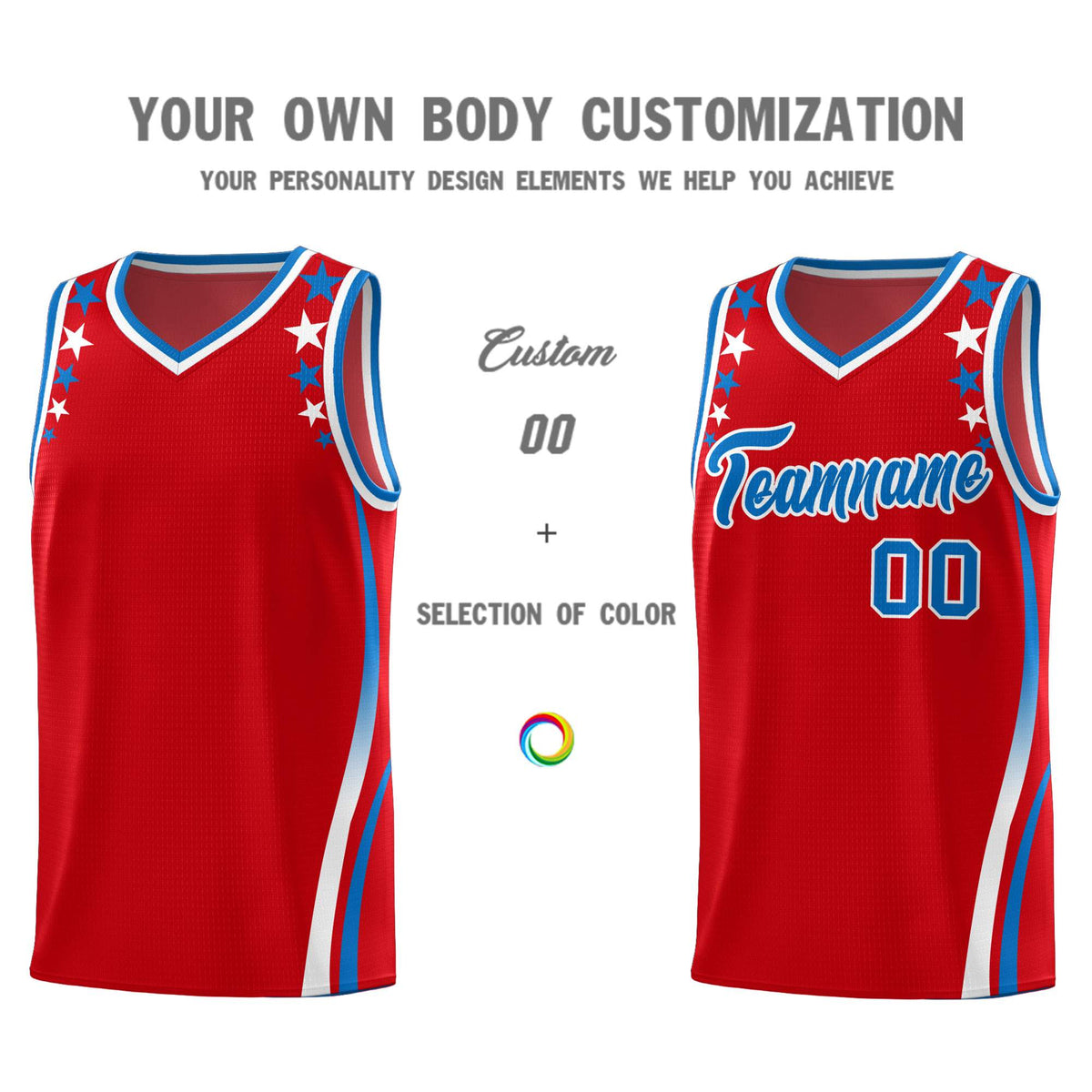 Custom Red Shoulders Star Pattern Side Color Block Sports Uniform Basketball Kits