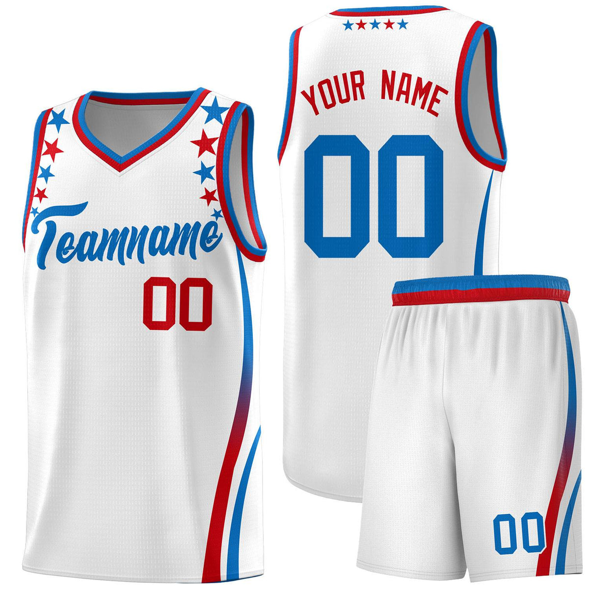 Custom White Shoulders Star Pattern Side Color Block Sports Uniform Basketball Kits