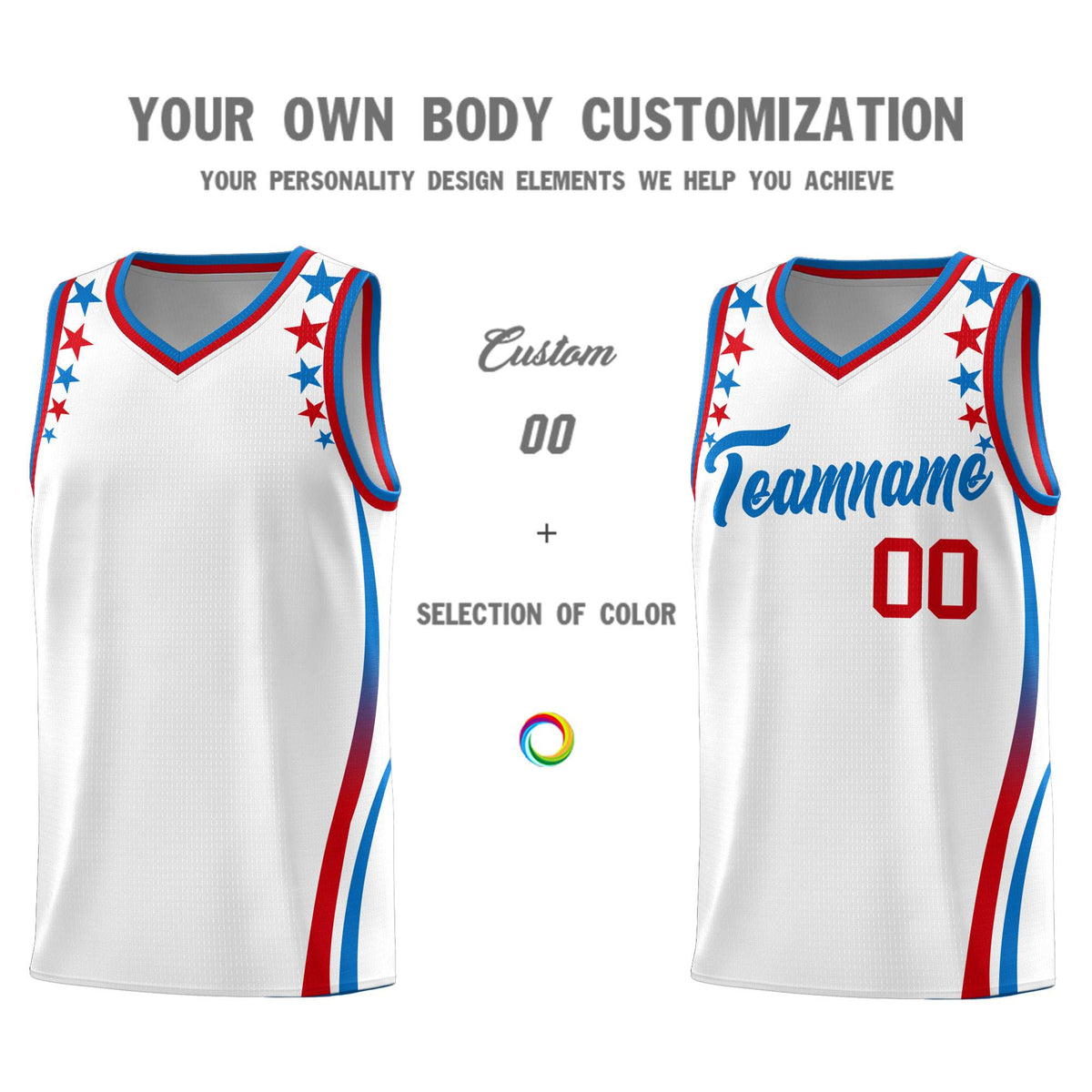 Custom White Shoulders Star Pattern Side Color Block Sports Uniform Basketball Kits