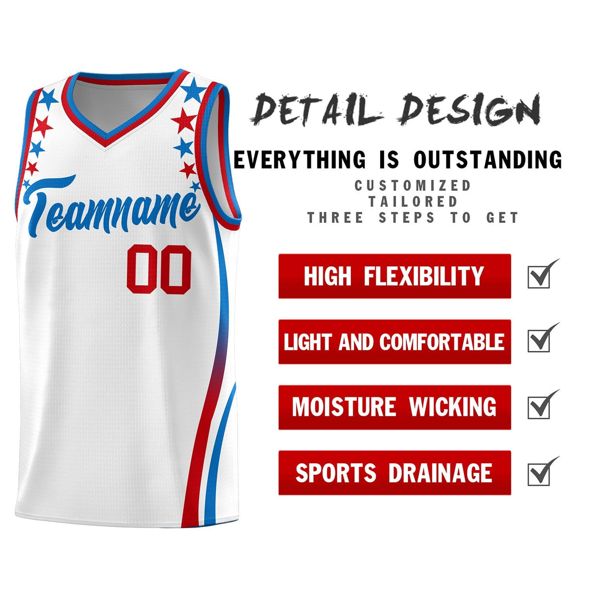Custom White Shoulders Star Pattern Side Color Block Sports Uniform Basketball Kits